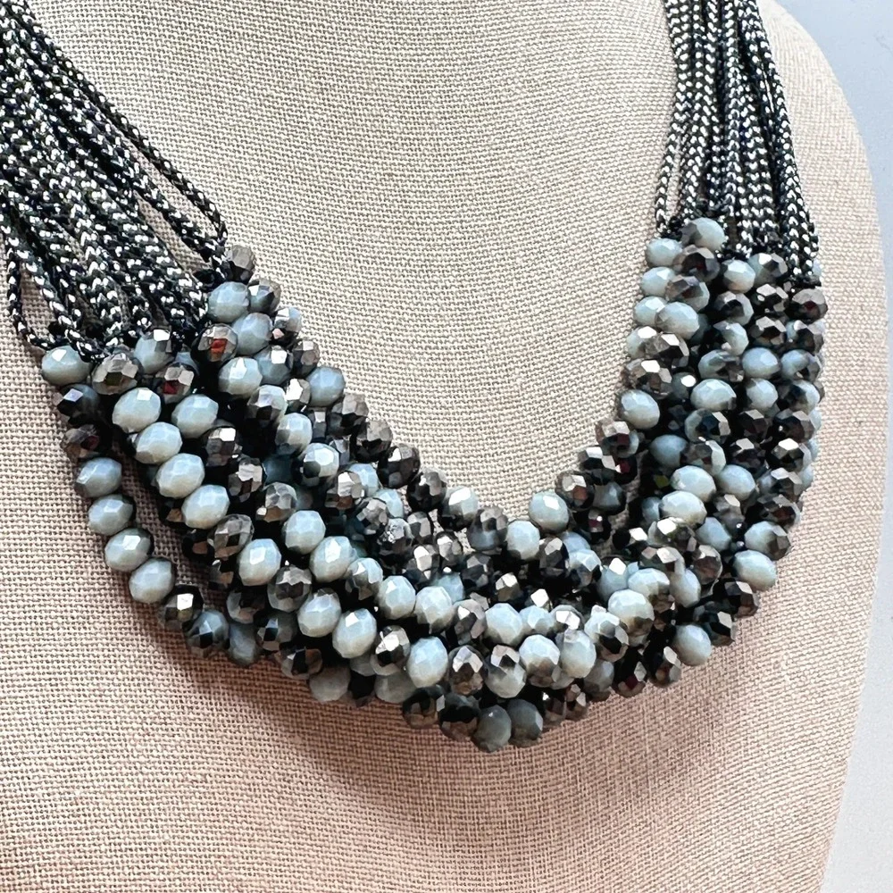 Chic Cluster Statement Necklace Black Gray Faceted Hematite Crystal Multi Strand